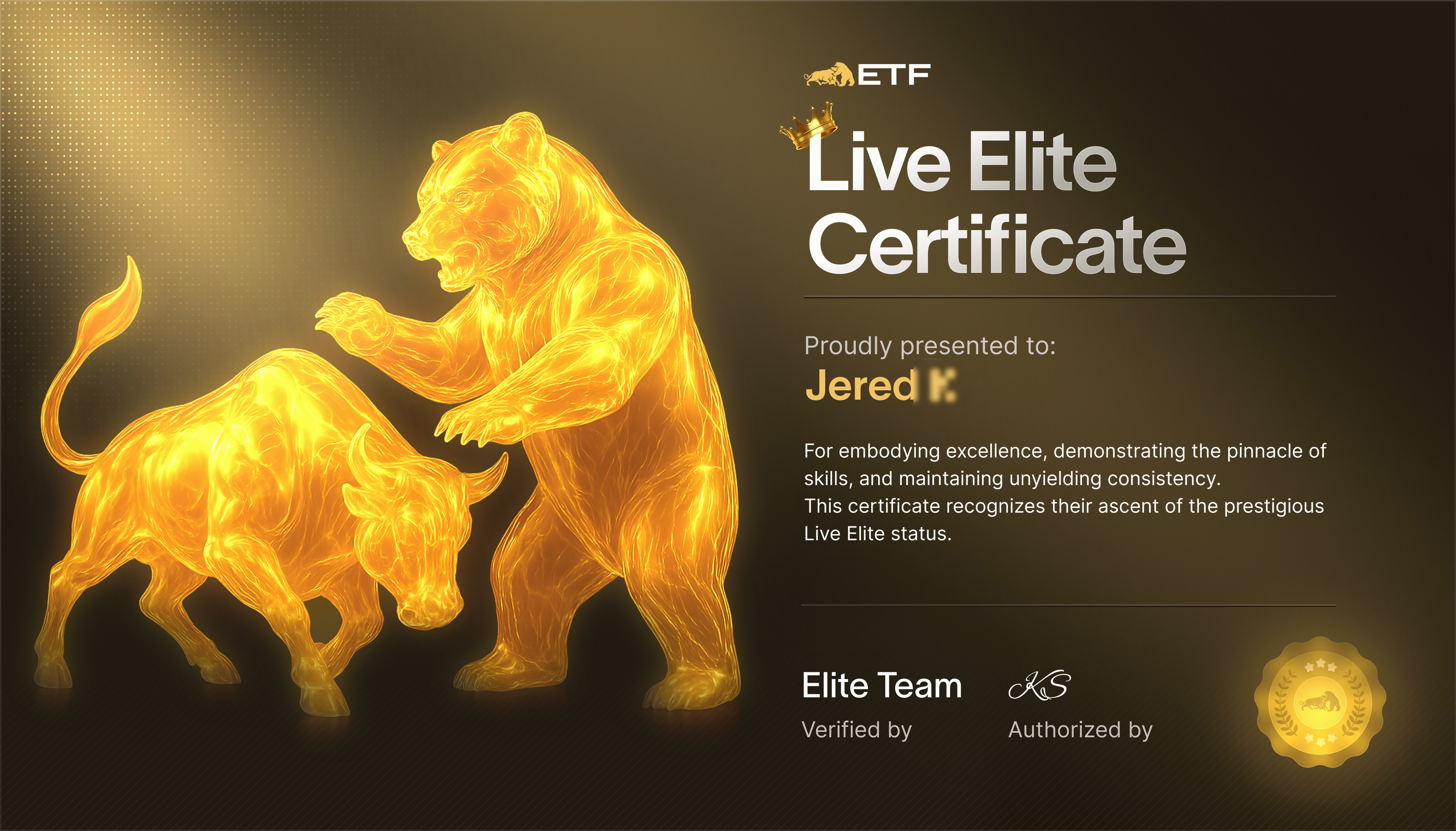 Elite Trader Funding LIVE ELITE certificate with the author's surname initial blurred