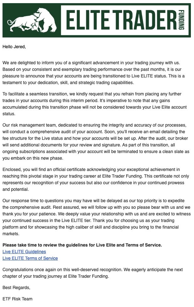 Elite Trader Funding email stating that the author's accounts are being transitioned to LIVE ELITE