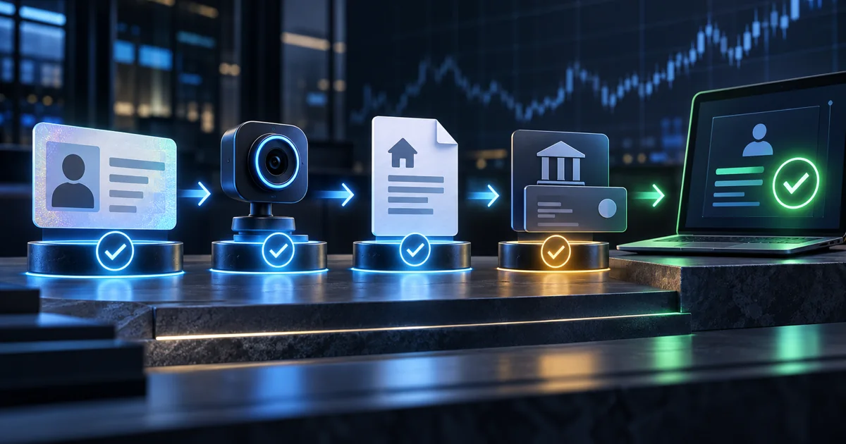 Identity document, liveness camera, address record, and payout profile moving through orderly verification checkpoints